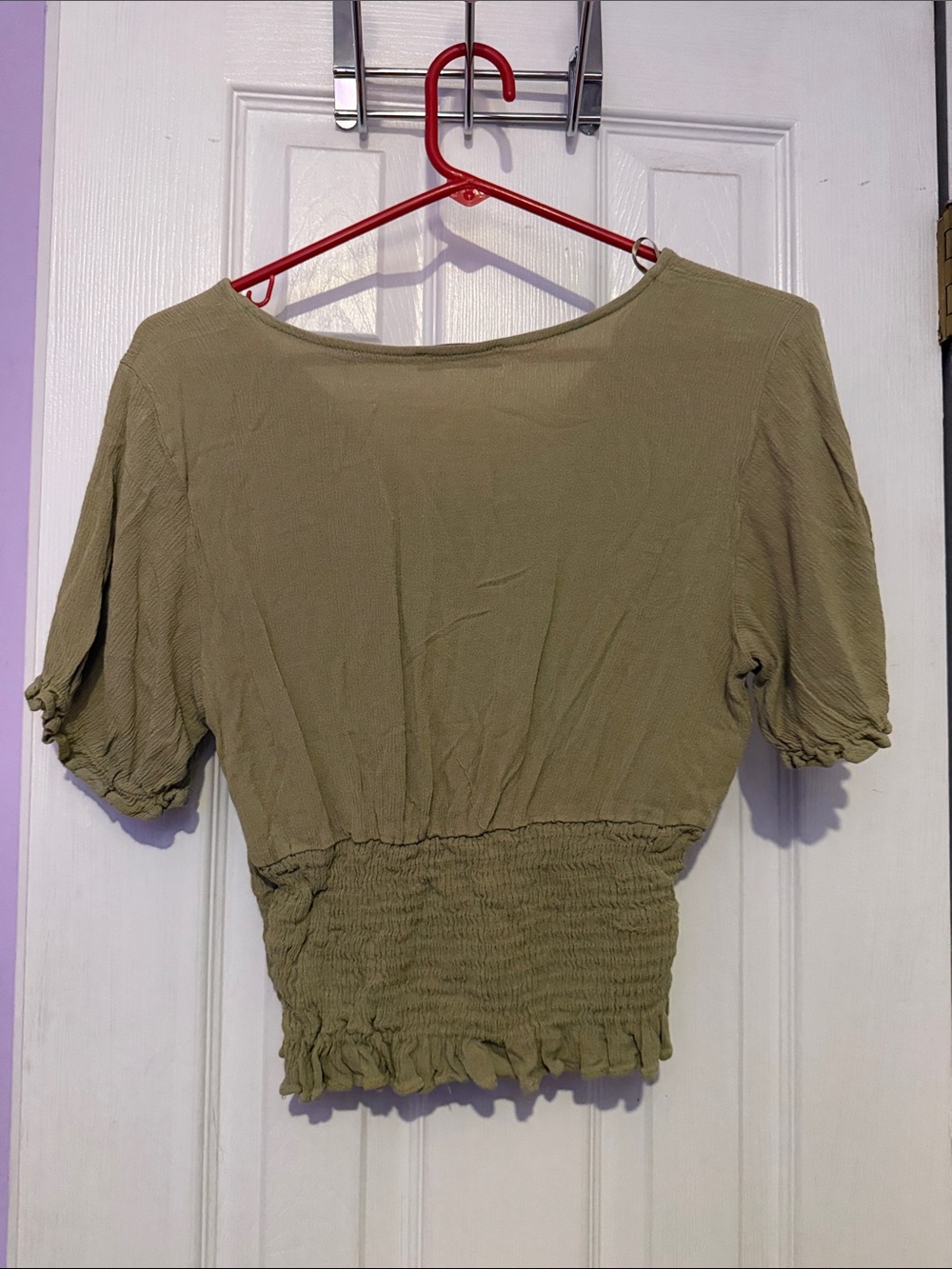 Paper Crane Olive Green Smocked V-Neck Crop Top - Picture 3 of 3